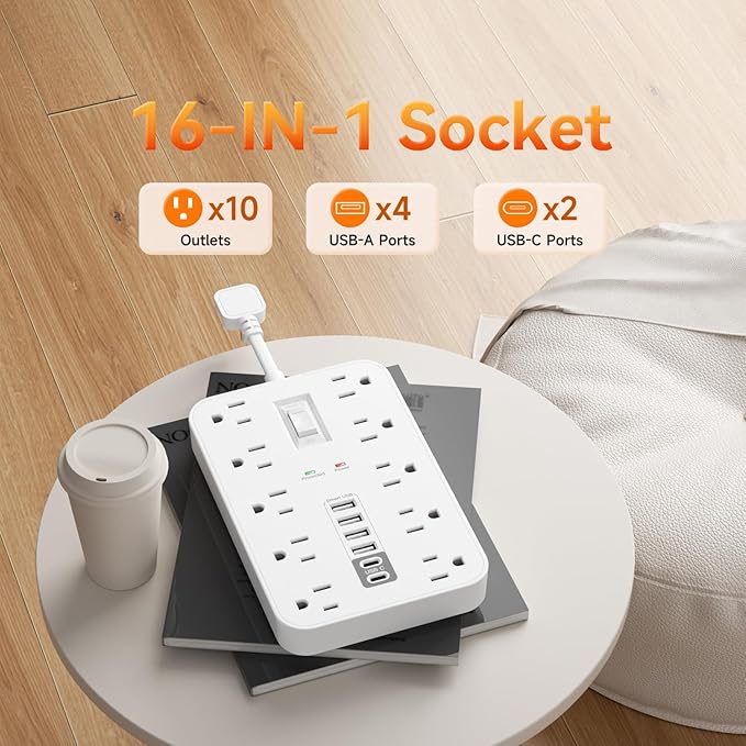 Short Extension Cord with USB and USBC Ports, Flat Outlet Extender with 10 AC - Image 2