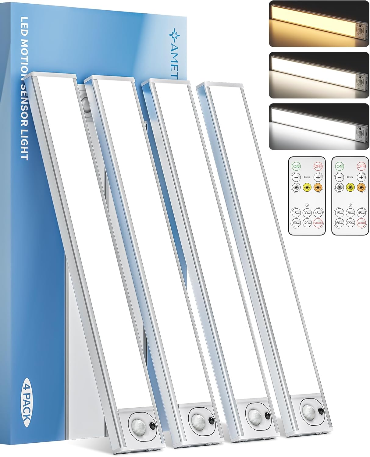 12inch Under Cabinet Lighting with Remote, 2400mAh Rechargeable Motion Sensor Light Indoor, Wireless Closet Lights, Dimmable, 3 Color Temps, Magnetic for Kitchen, Stairs (4 Pack)