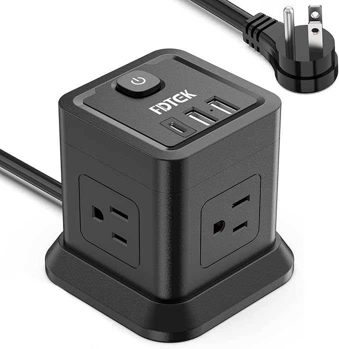 Power Strip with USB C, FDTEK Flat Plug Extension Cord with 4 Outlets and 3 USB by FDTEK