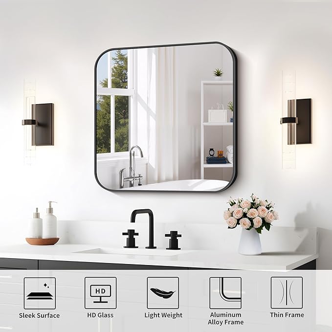 FORBATH Bathroom Mirror for Over Sink 24x24 Inch Black, Square Wall Mirror - Image 6