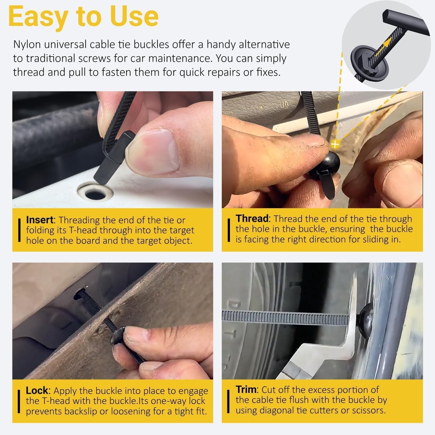 Upgraded Nylon Universal Cable Tie Buckles, Nylon Zip Ties Holders Kit, Automotive Zipper Clips Self-Locking T Rivet Zipties for Car Fender Trunk Bumper Repair, Home & Garage Patent Pending