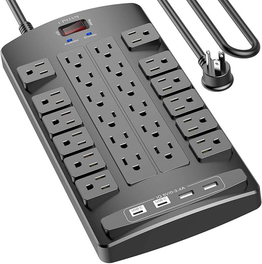 QINLIANF Surge Protector Power Strip - 10Ft Flat Plug Heavy Duty Extension Cord by QINLIANF