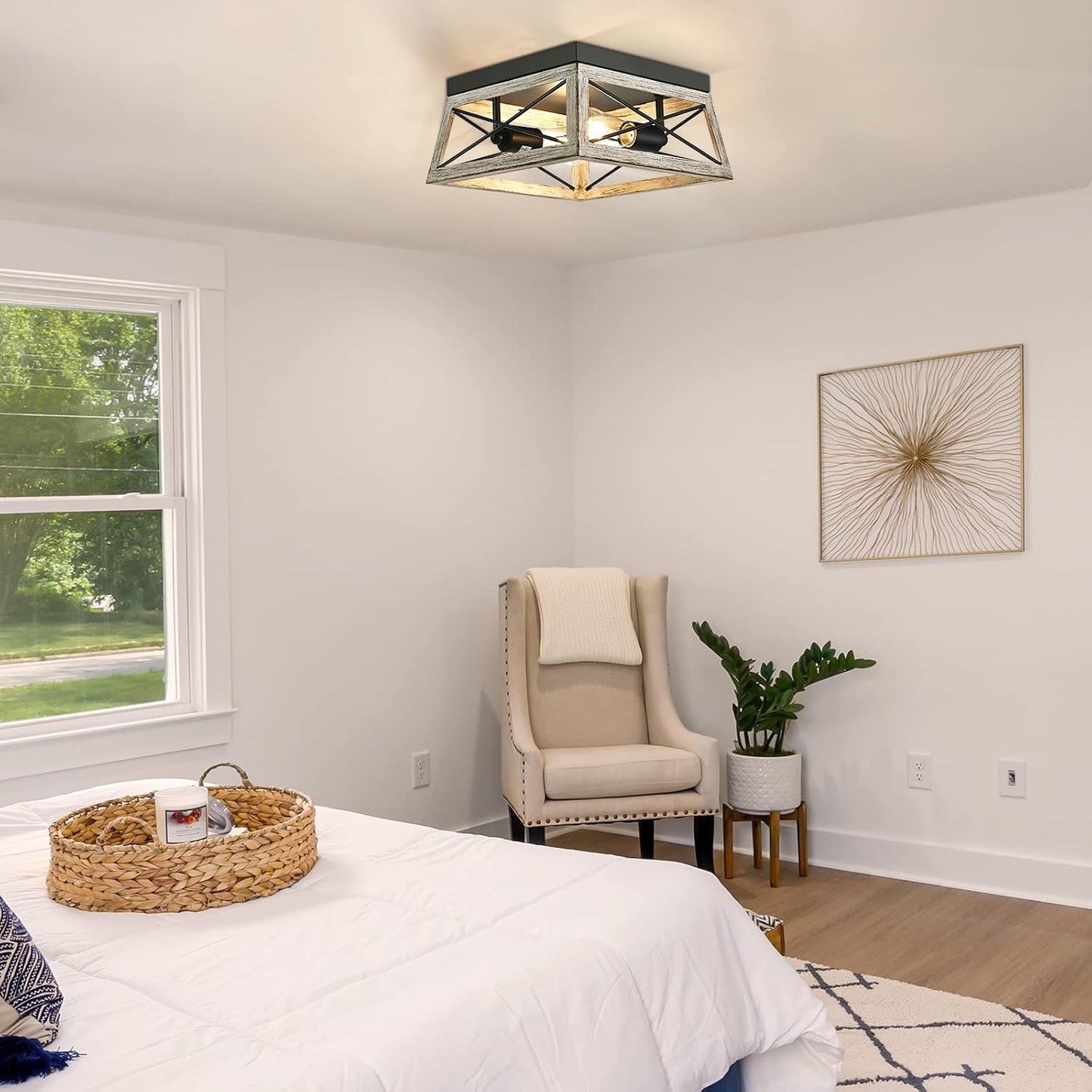 DEWENWILS Farmhouse Flush Mount Ceiling Light, Metal Light Fixture with Wood Grain Finish, 2-Lights Hallway Light Fixture Ceiling Mount for Entryway, Foyer, Dining Room | 2-Lights, Hardwired, E26 Base, Open-Caged, Metal Fixture for Kitchen, Hallway
