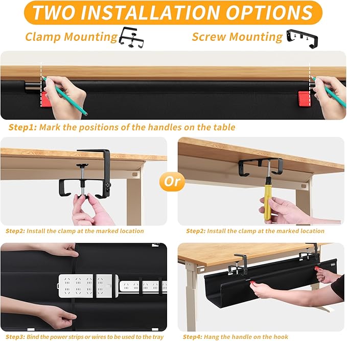 SUREUP9 No Drill Under Desk Cable Management Tray, Fabric Cable Management - Image 7