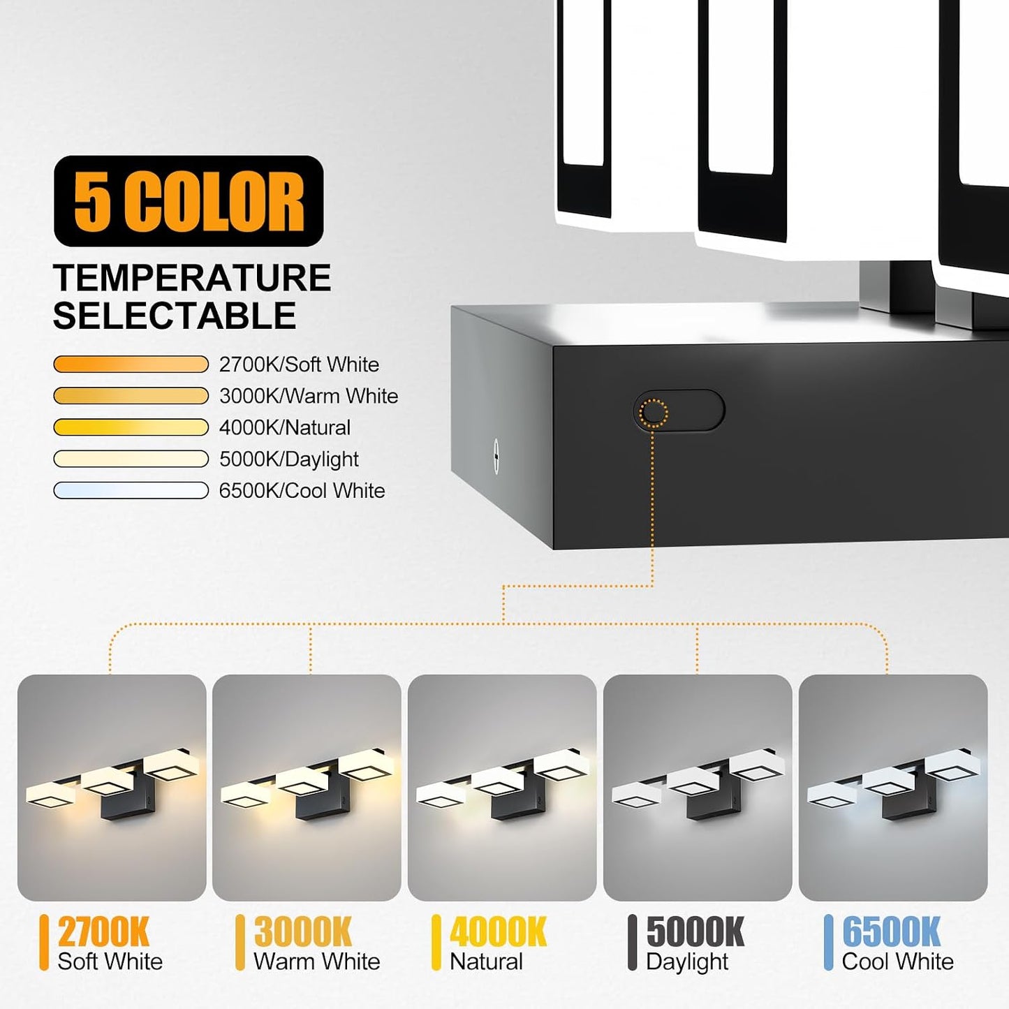 LED Modern Bathroom Light Fixtures, 3-Light Dimmable Vanity Lights with 5 Color Modes, Matte Black Acrylic Bathroom Wall Lighting Fixtures Over Mirror, 2700K- 6500K Adjustable, 18 Inch, ETL Listed