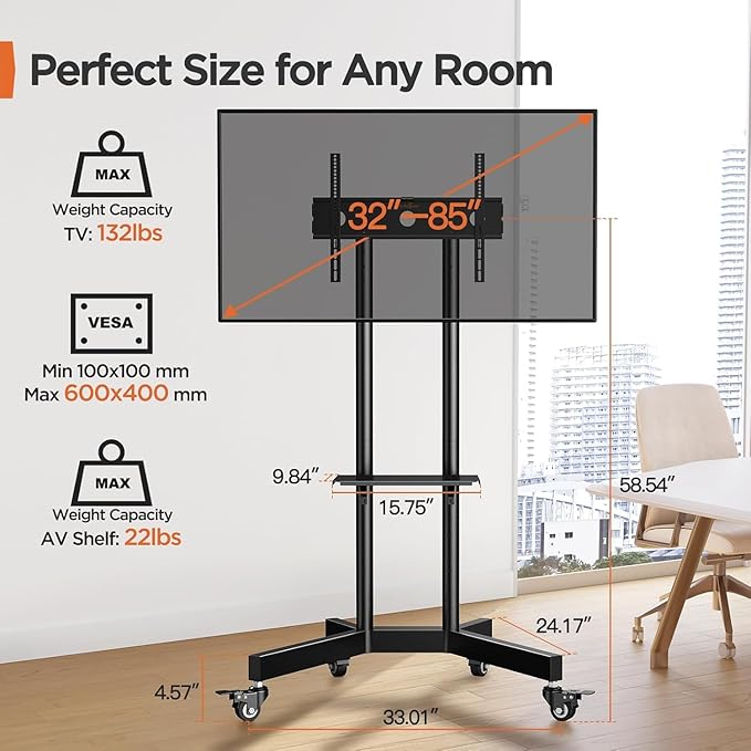Perlegear Rolling TV Stand, Mobile TV Stand on Wheels - Image 4
