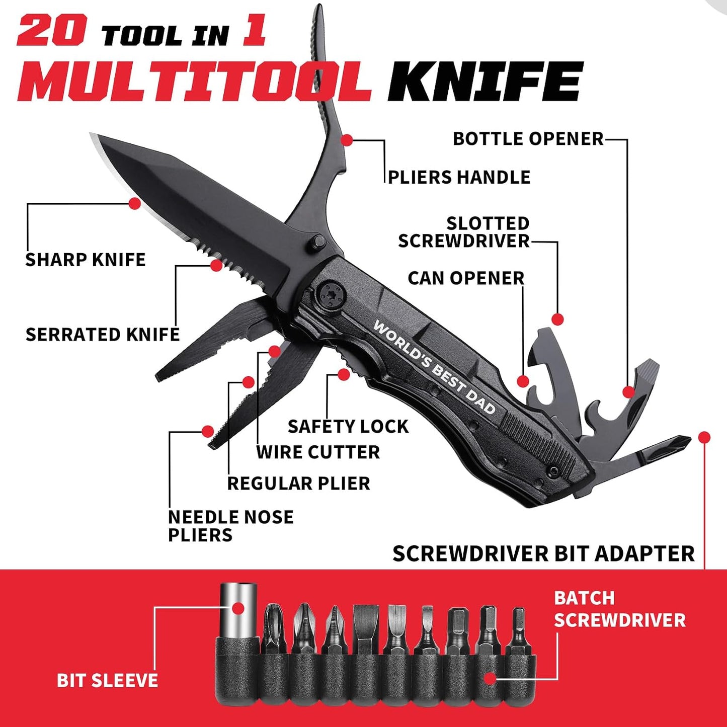 Best Dad Gifts, WORLD’S BEST DAD Multitool Knife, Fathers Day Dad Gift, Birthday Gifts Idea from Daughter Son, Multitool for Camping Fishing Hiking