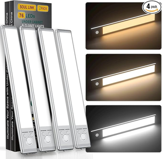 Under Cabinet Lights, 76 LED Operated Motion Sensor Light Indoor, 1500mAh USB by SOUL+LINK