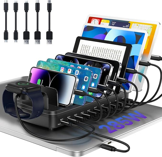 285W Charging Station for Multiple Devices, 10 Ports Fast Multi-Device Charger by MERGROLY