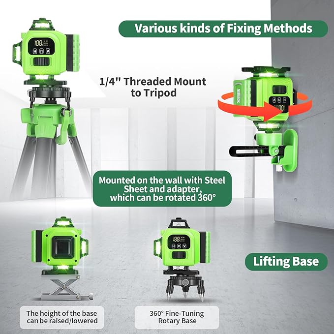 16 Line Laser Level 360 Self Leveling, 4x360°Professional 4D Green Cross Line - Image 6