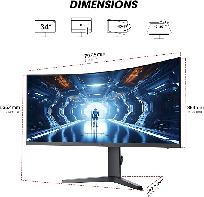 KOORUI 34-inch Curved Ultrawide WQHD 3440×1440 Gaming Monitor, 180Hz 1000R- - Image 9