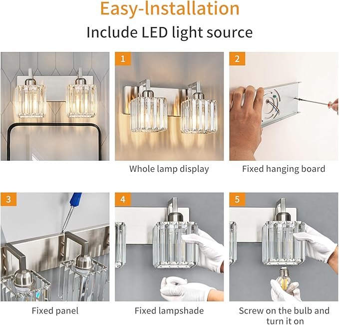 FDPBY Modern Bathroom Vanity Light 2-Lights Brushed Nickel Vanity Light Crystal - Image 7