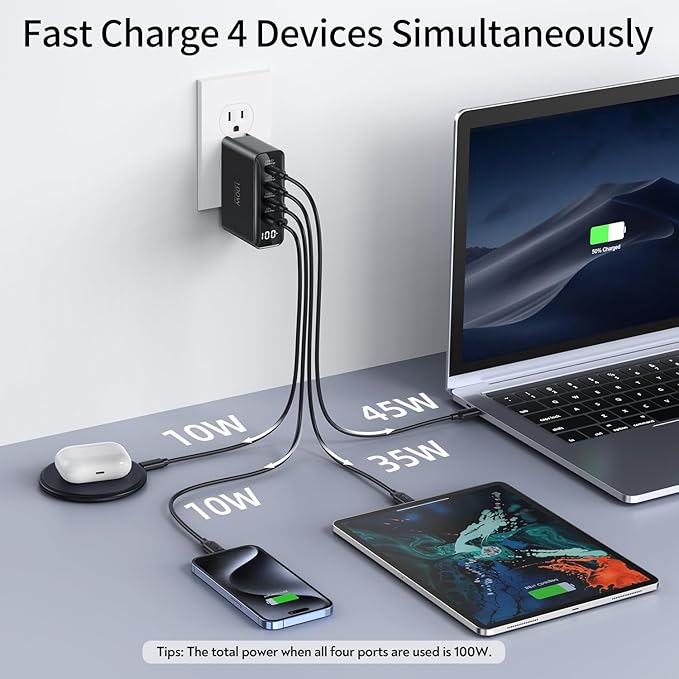 100W USB C Travel Charger, 4-Ports Foldable Travel Adapter Plug Converter - Image 4
