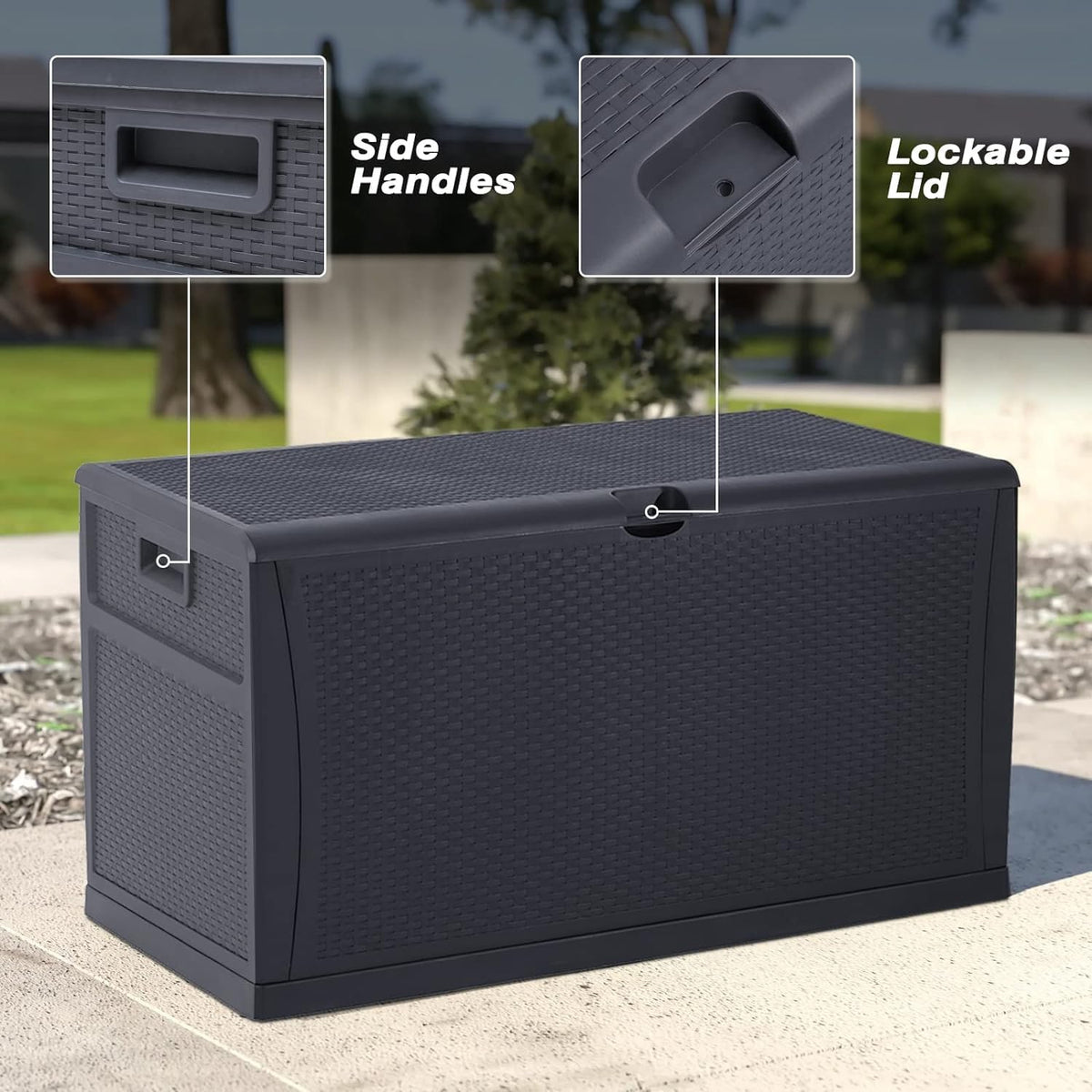 120 gallon resin wicker patio storage box, outdoor, side view