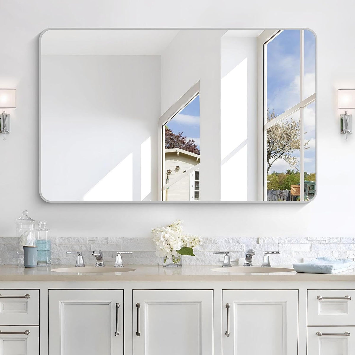 48x30 Inch Silver Bathroom Mirror, Metal Framed Silver Rectangle Mirrors