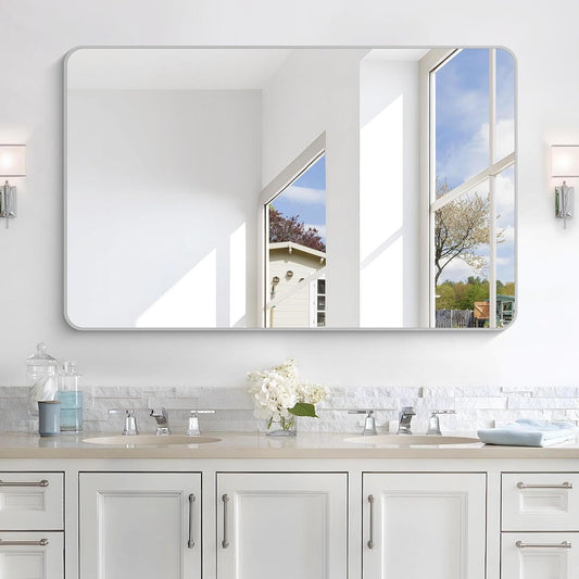 48x30 Inch Silver Bathroom Mirror, Metal Framed Silver Rectangle Mirrors
