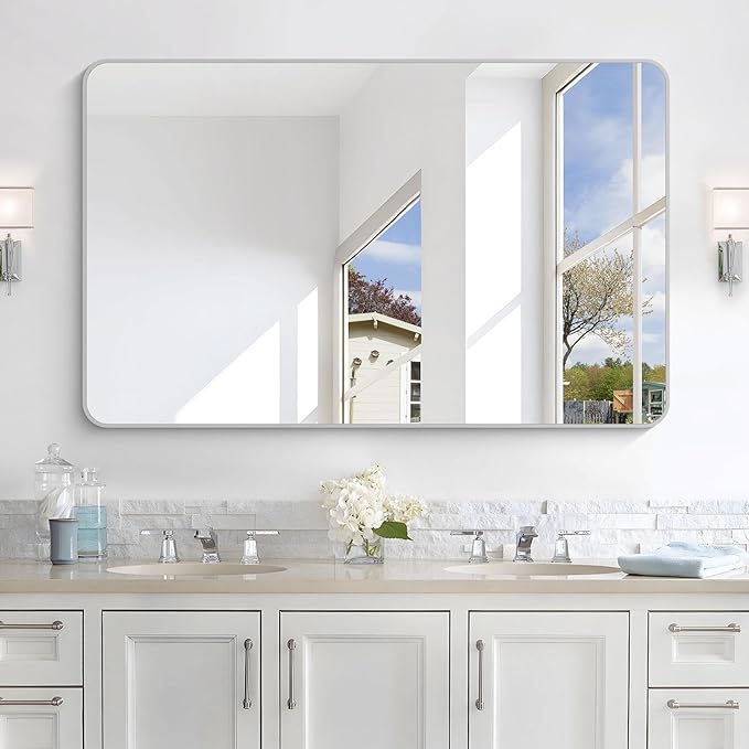 48x30 Inch Silver Bathroom Mirror, Metal Framed Silver Rectangle Mirrors by WelcometoCIVENO