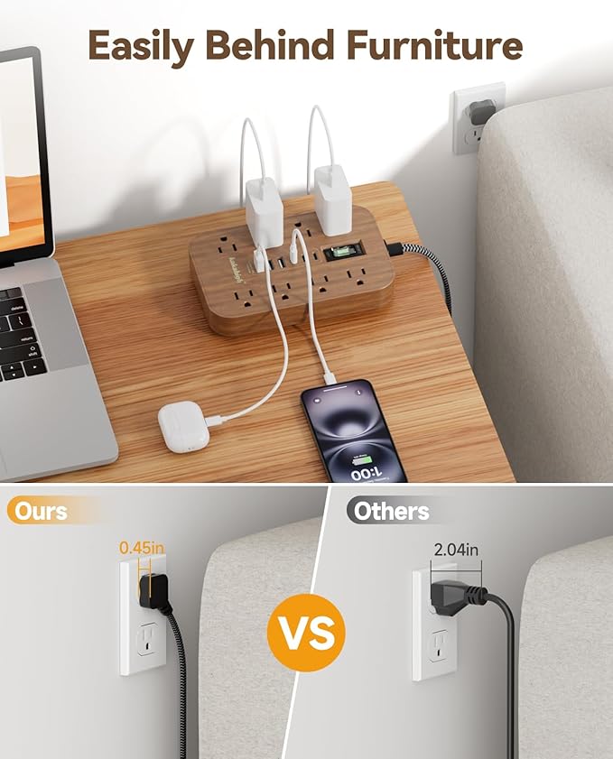 Walnut Power Strip with USB Ports - 10 FT Wood Power Strip - Image 4