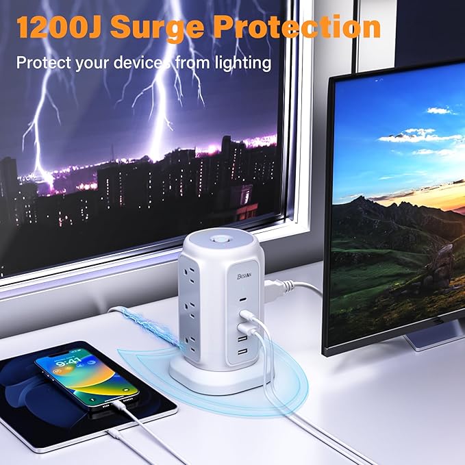 BESFAN Power Strip Tower, 1625W Surge Protector - Image 6