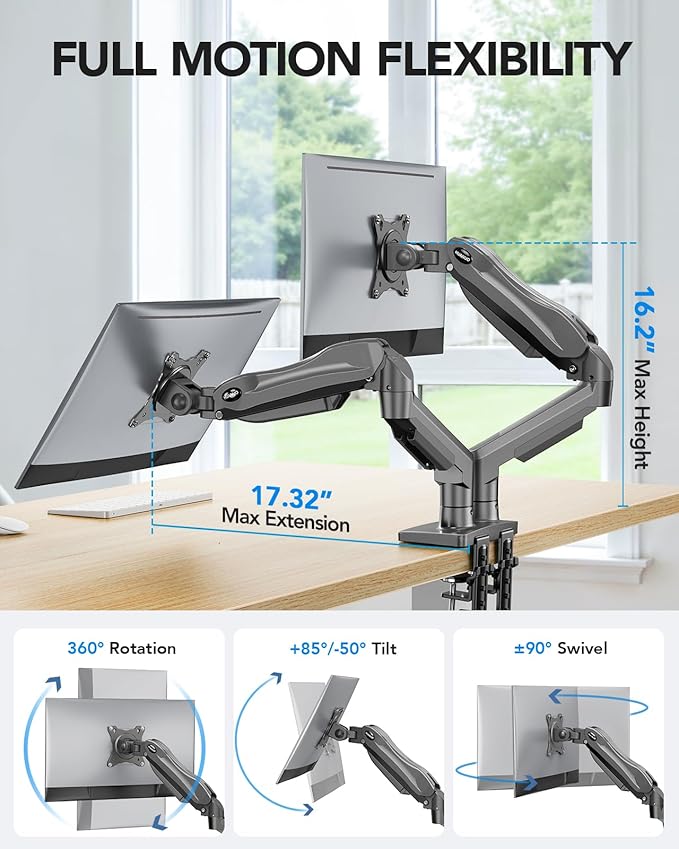 HUANUO Dual Monitor Stand, Fully Adjustable Monitor Desk Mount - Image 3