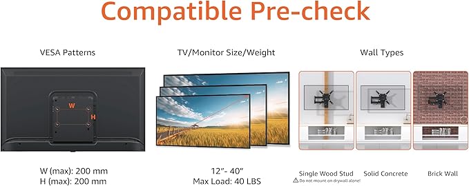 Amazon Basics Full Motion TV Wall Mount fits 12" to 40" TVs and VESA 200x200 - Image 2
