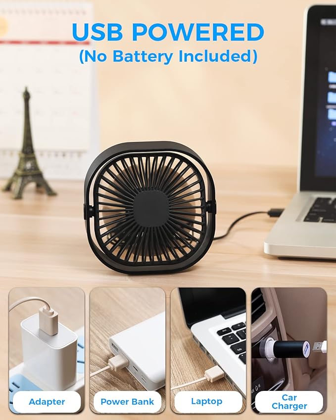 RJVW 4 Inch Small USB Desk Fan, 3-Speed Portable & 360°Rotatable Mini Cooling - Image 5