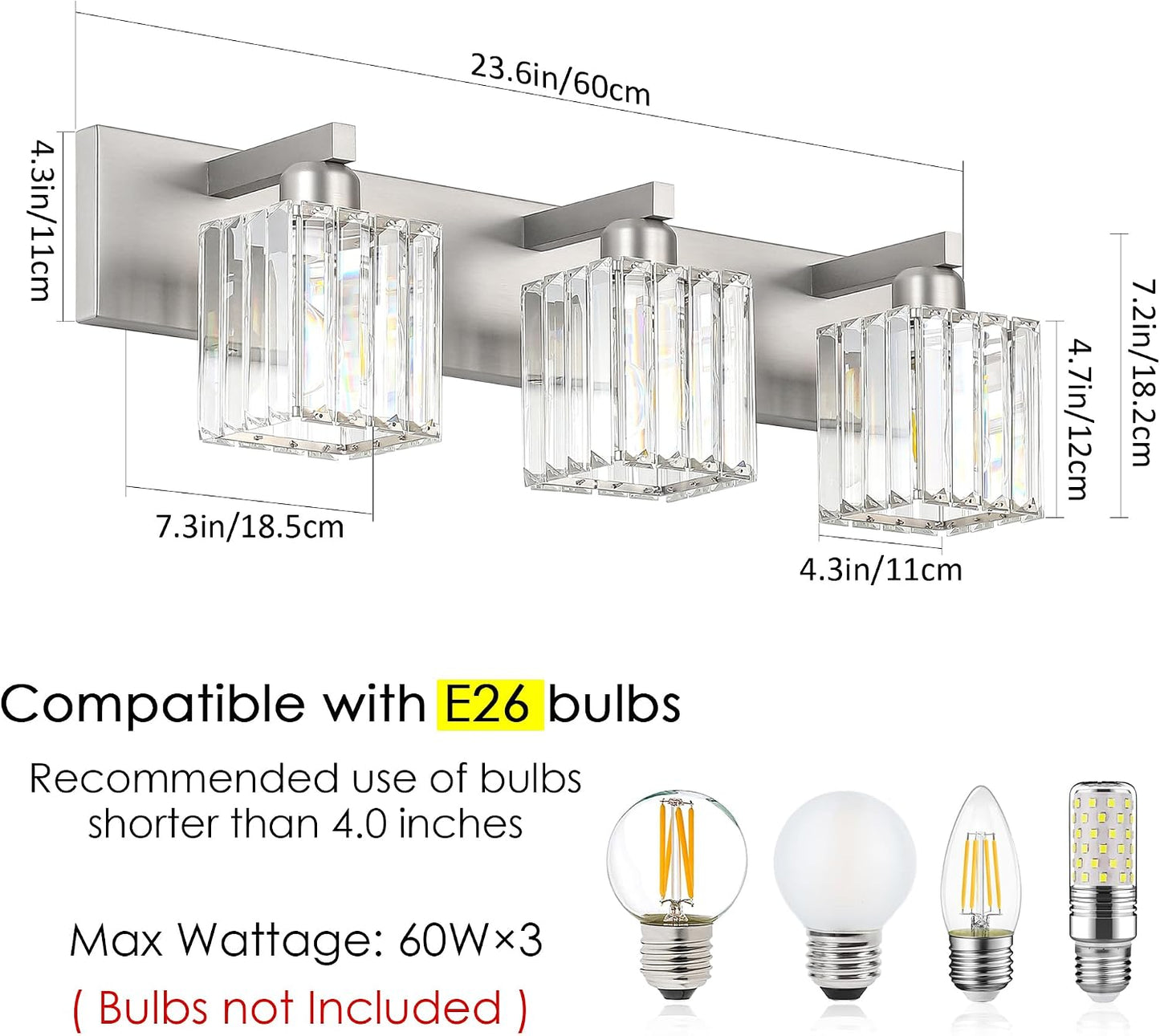 Aipsun Brushed Nickel Vanity Light Bathroom Lighting Fixtures 3 Light Crystal Modern Bathroom Vanity Light (Exclude Bulb)