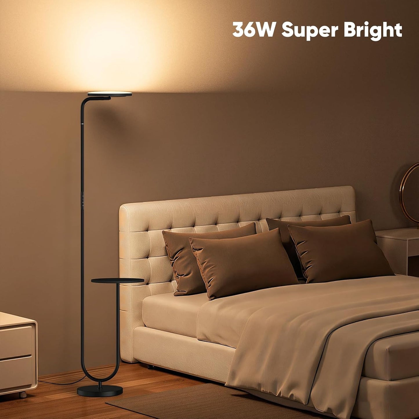36W LED Floor Lamp with Table, Super Bright Standing Lamp, Modern Stepless Dimmable Torchiere Tall Lamp with Remote Control, 350°Rotating Head Floor Lamp for Living Room, Bedroom, Office