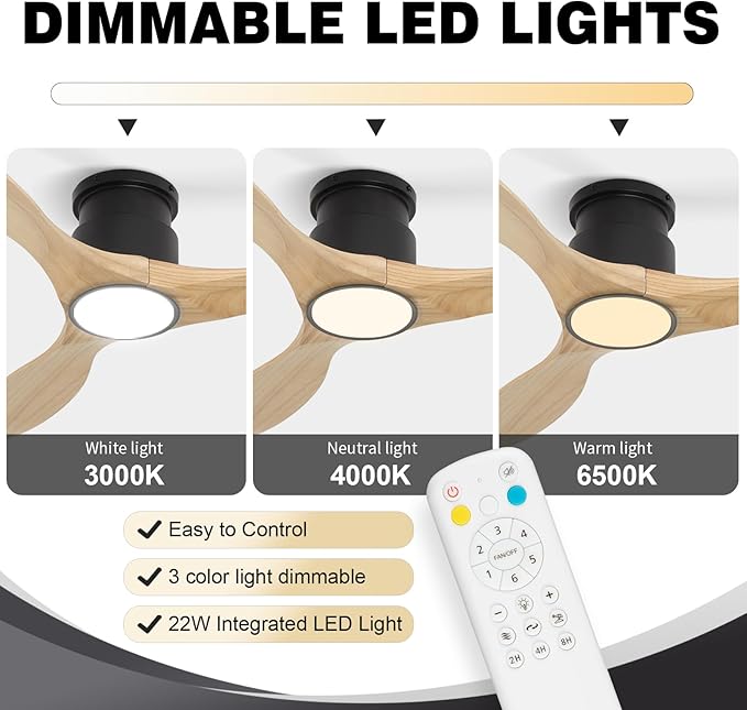 revoici Ceiling Fans with Lights Remote 52inch Solid Amber Color Wood Fan - Image 2
