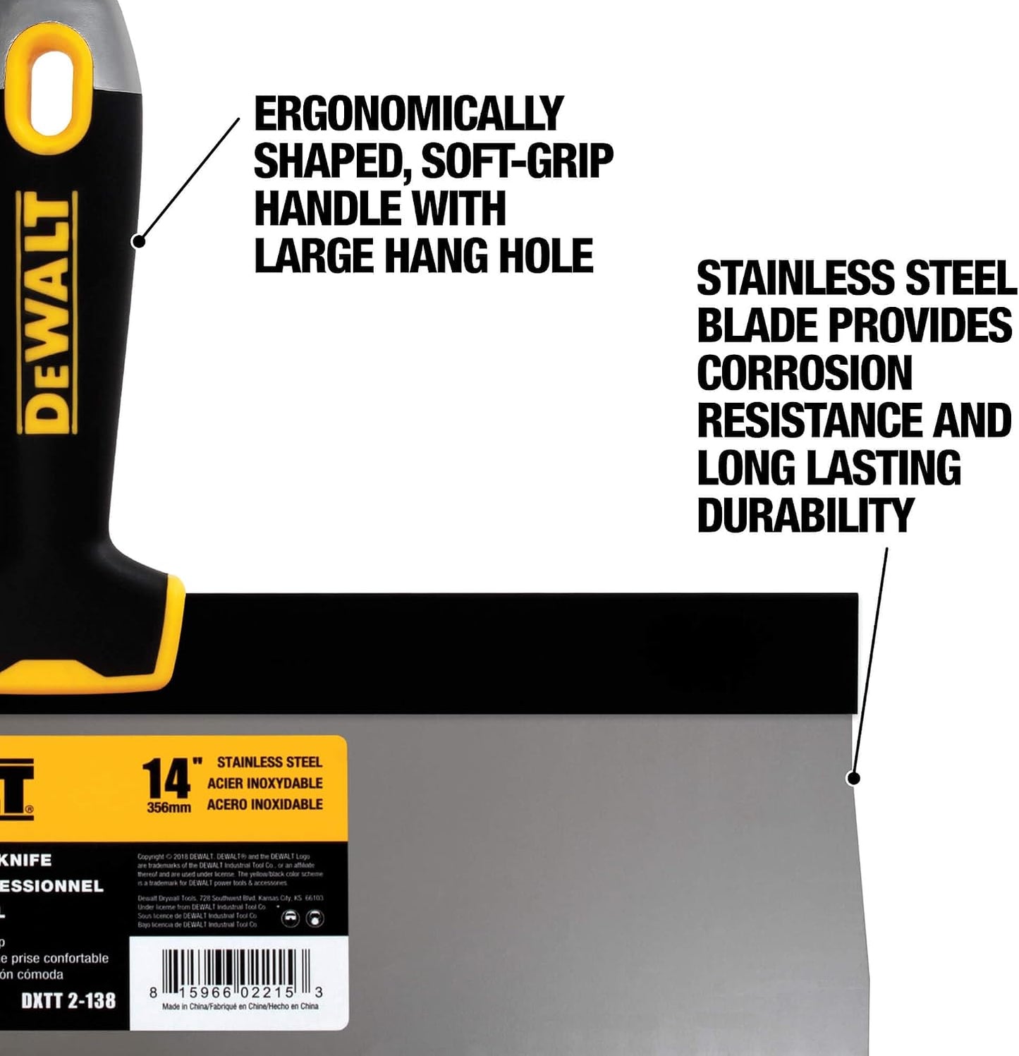 DEWALT 14" Taping Knife | Stainless Steel w/Soft Grip Handle | DXTT-2-138