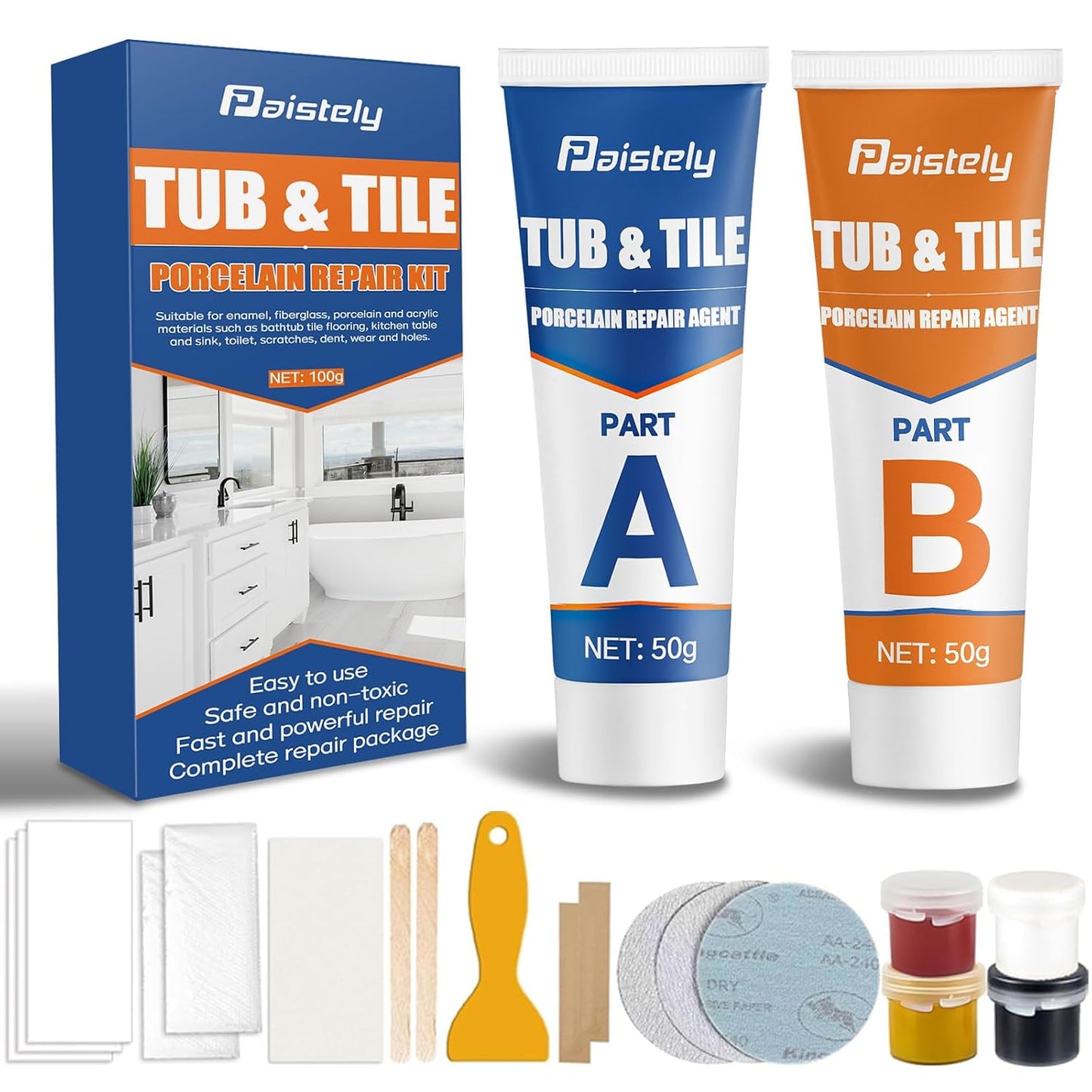 Porcelain Repair Kit, Waterproof Fiberglass Tub Repair Kits, Strong Tile Repair Kit, Non-Toxic Ceramic Tile Repair Kits Suitable for Granite, Marble, Quartz, Ceramics, Porcelain, Resin, etc (50g+50g)