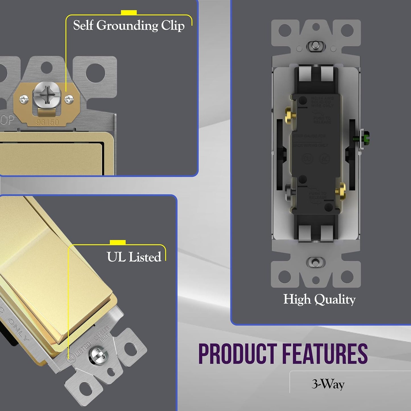 ENERLITES Gold 3-Way Decorator Paddle Rocker Light Switch, 15A, 5 Pack | Three Way or Single Pole Decorative Switch, 120V/277V, 3 Wire, Grounding Screw, Residential Grade, Gloss Finish, UL Listed