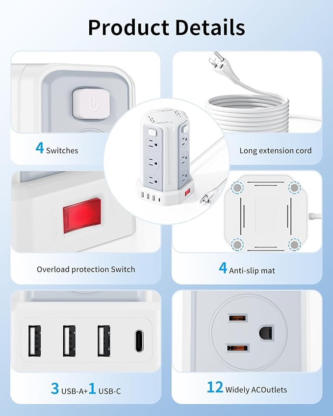 Power Strip Surge Protector, 10 Ft Extension Cord - Image 2