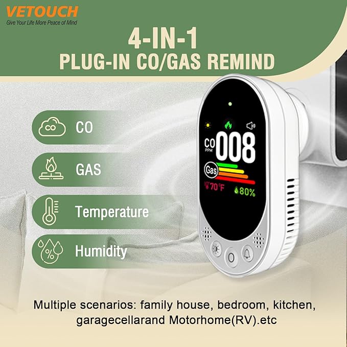 VETOUCH Plug-in Combination air Detector, 4 in 1 Combination Natural Gas and - Image 2