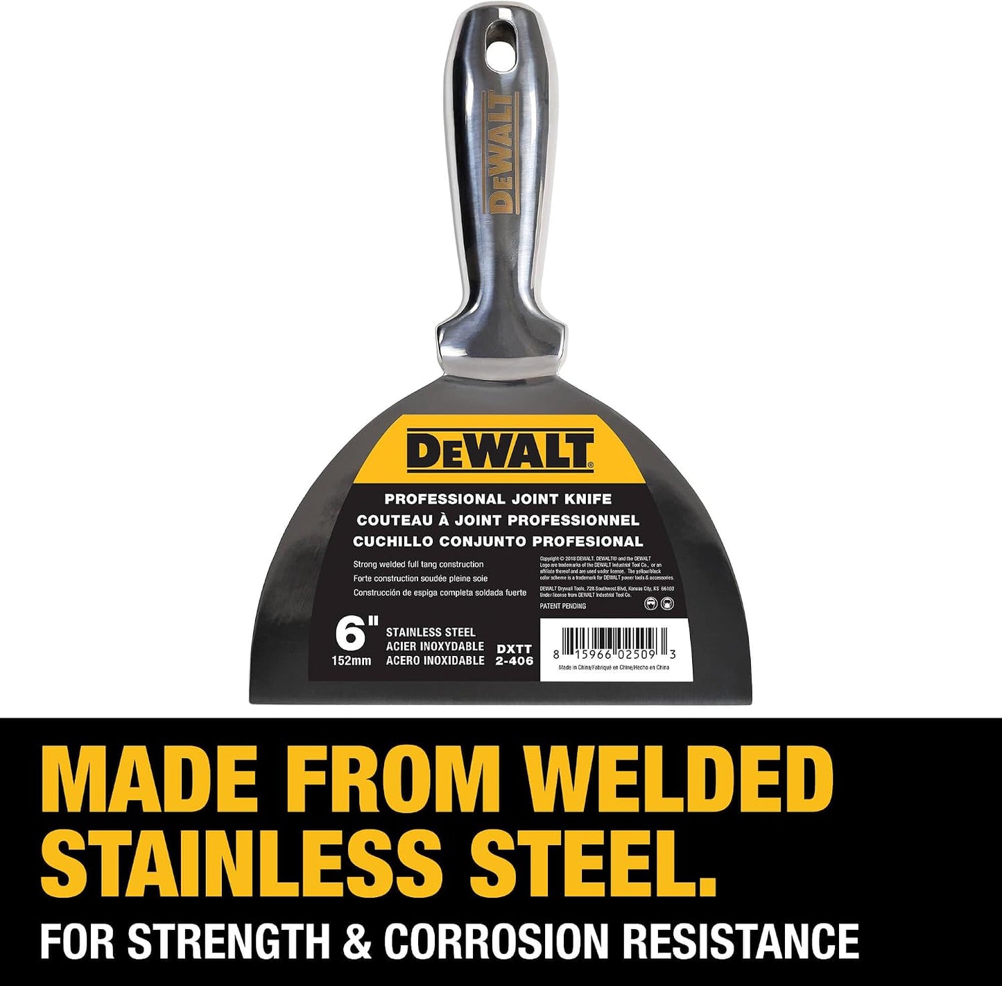 DEWALT 6" All Stainless Steel Joint Knife | One-Piece Premium Polished Metal Putty Blade | 2-406