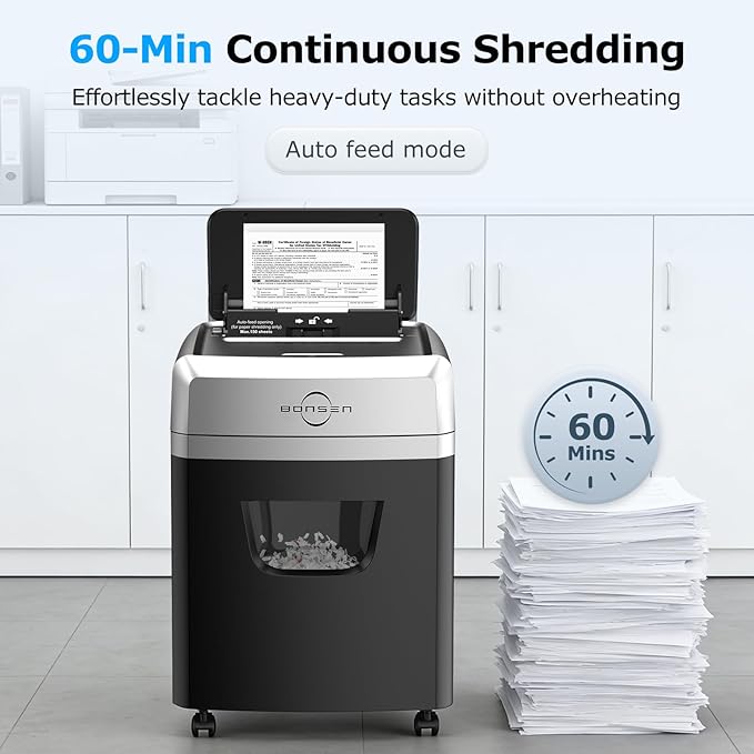 BONSEN 150-Sheet Autofeed Paper Shredder Heavy Duty, 60 Mins Micro-Cut Shredder - Image 5