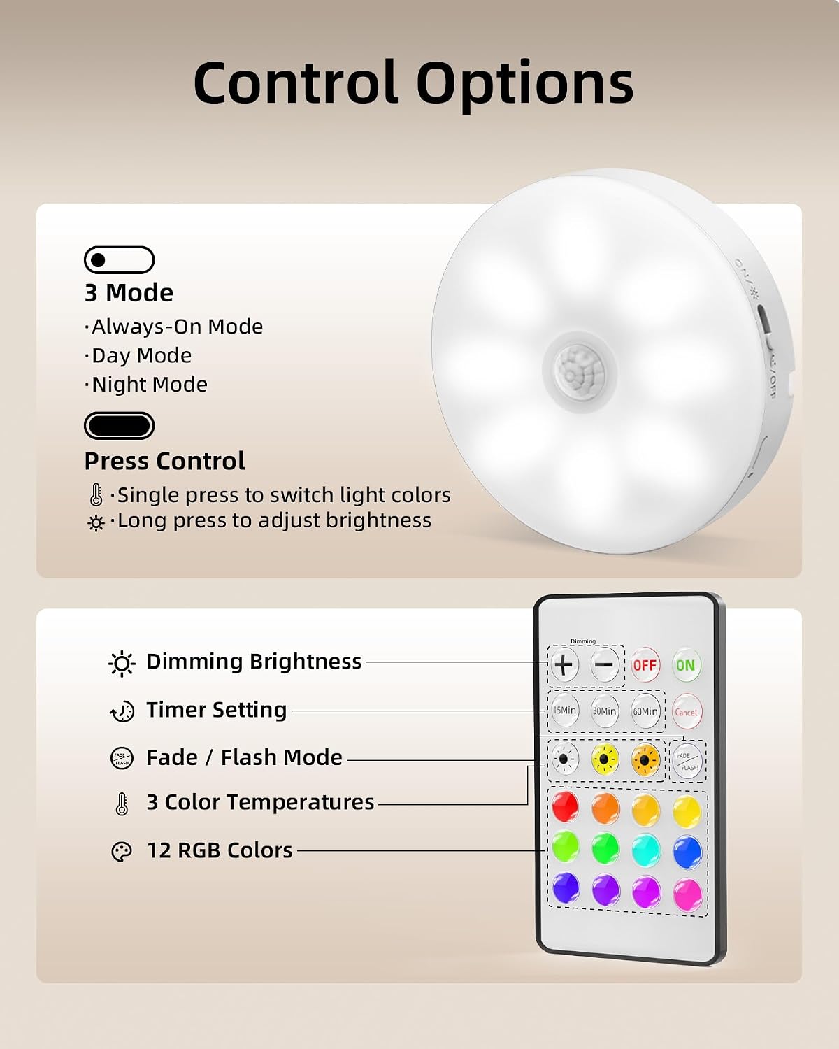 EZVALO 6-Pack RGB Under Cabinet Lights with Remote, Rechargeable Motion Sensor Puck Lights, 3 Color Temps, 12 RGB Colors, Dimmable, Magnetic Stick On Lights for Counters, Closets, Shelves