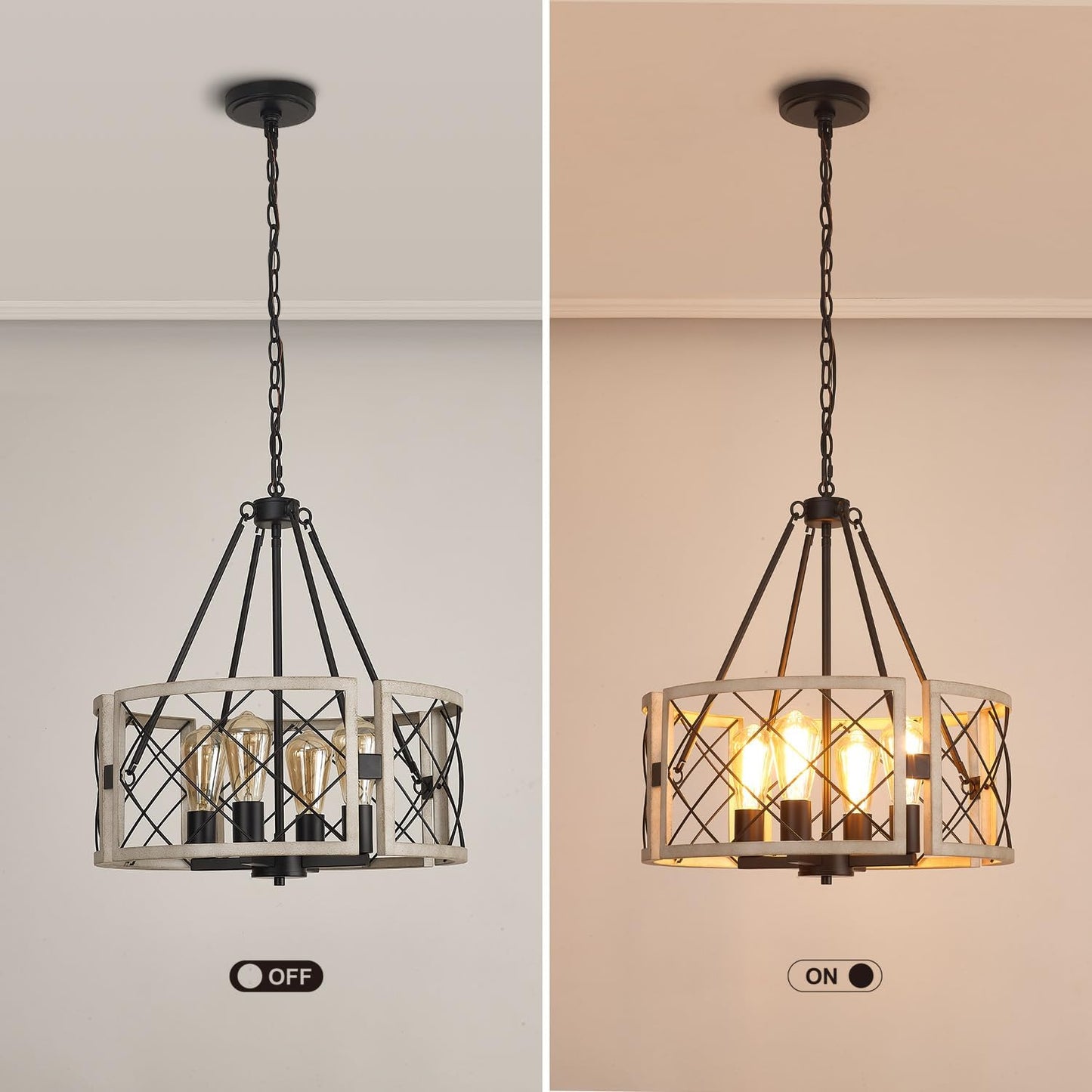 D19'' Farmhouse Chandelier, 4-Light Adjustable Dining Room Light Fixture Kitchen Island Lighting, Rustic Hanging Lights for Entryway Foyer Bedroom Living Room, Black & White Oak