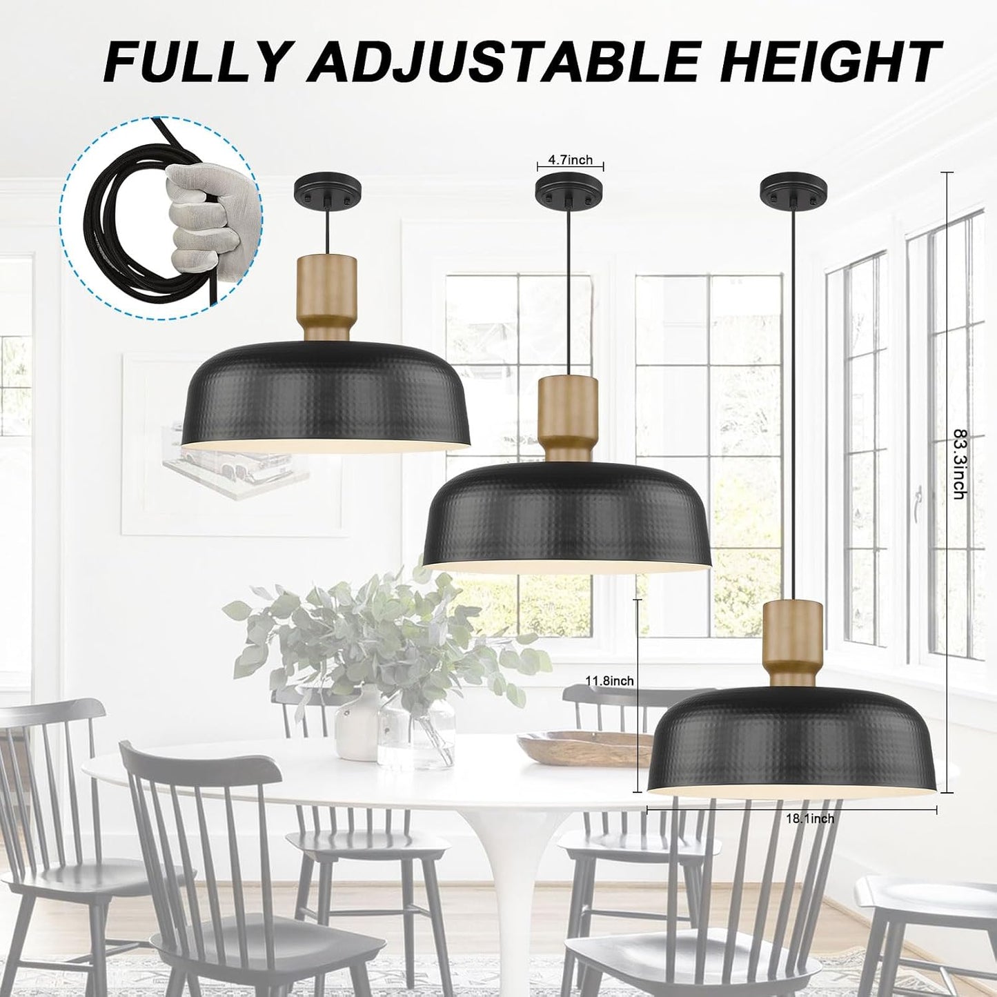 Farmhouse Pendant Lights, 2pcs Adjustable Hanging Light Fixtures with Hammered Metal Shade, 12.4 inch Pendant Lighting for Kitchen Island, Blue