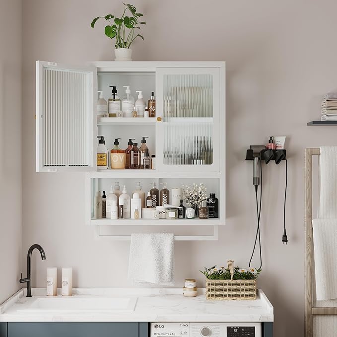 Bathroom Wall Cabinet with 2 Glass Door, Bathroom Medicine Cabinet with Towels - Image 4