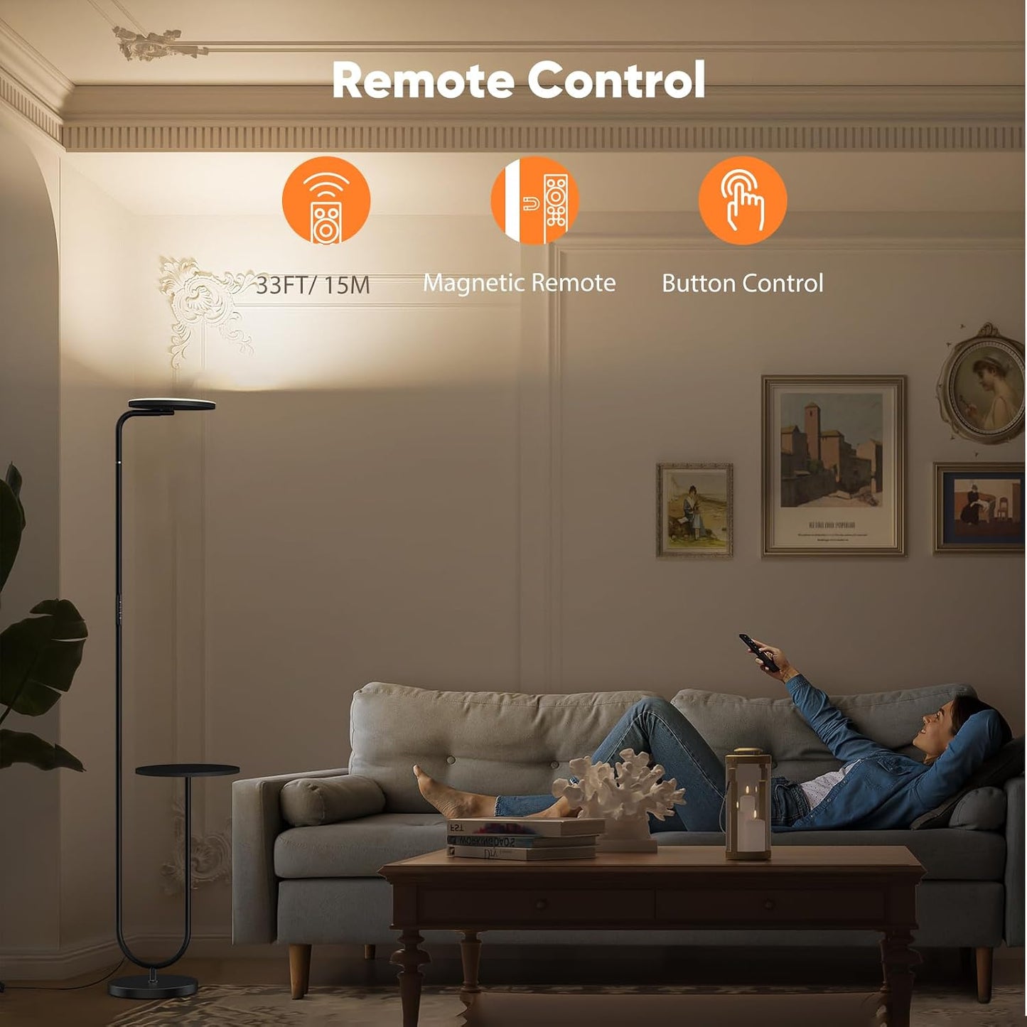 36W LED Floor Lamp with Table, Super Bright Standing Lamp, Modern Stepless Dimmable Torchiere Tall Lamp with Remote Control, 350°Rotating Head Floor Lamp for Living Room, Bedroom, Office