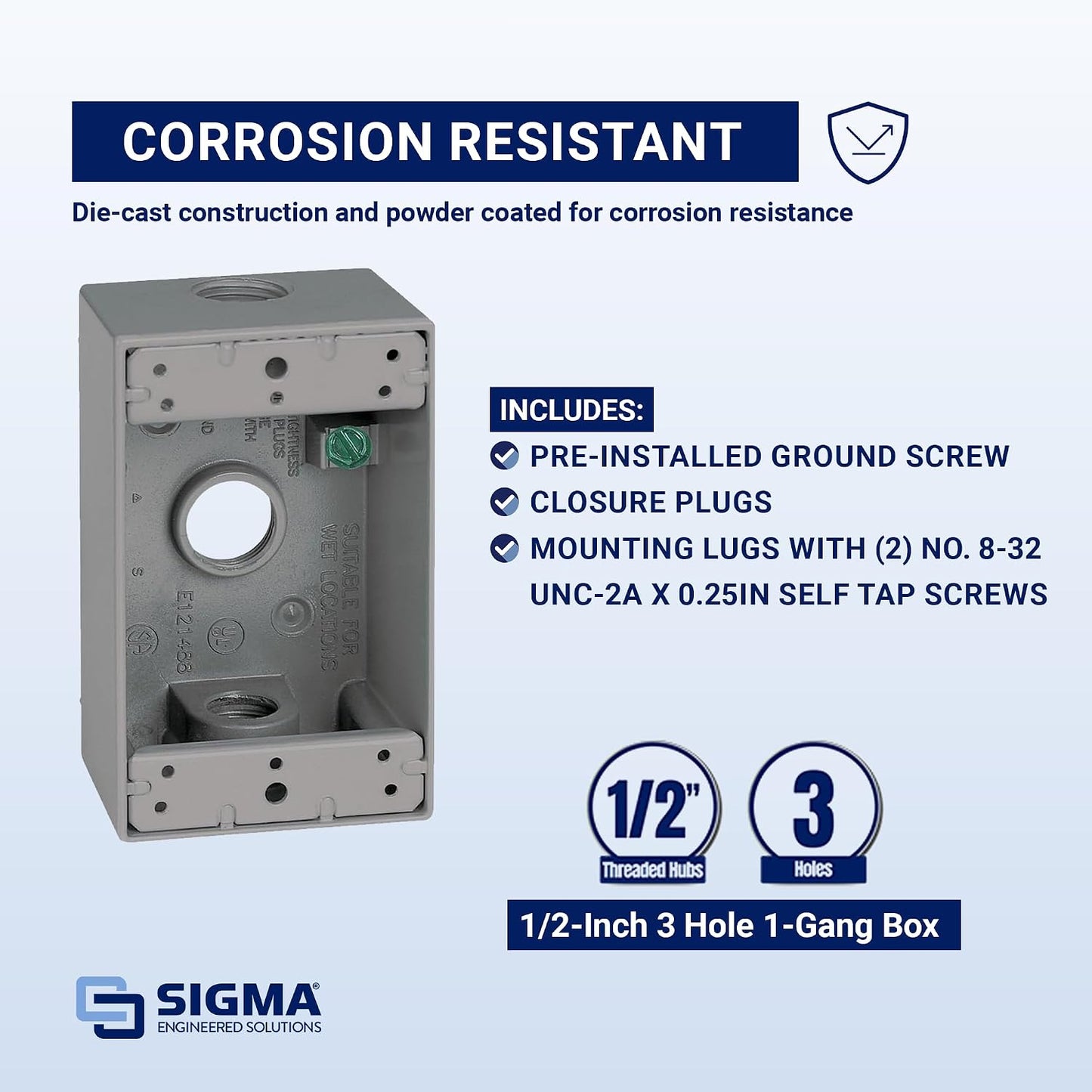 Sigma Engineered Solutions 14250 Weatherproof 1/2" 3 Hole 1-Gang Box, Gray