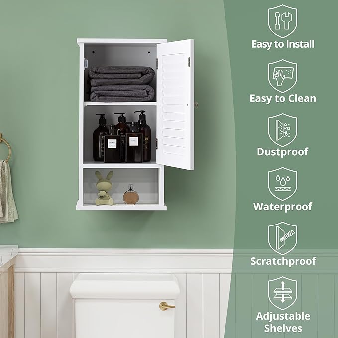 Small Bathroom Wall Cabinet, Slim Single Louvered Door Narrow Over The Toilet - Image 5