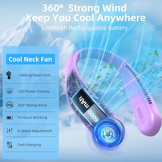 Portable Neck Fan, Hands Free Personal Wearable Bladeless Fan, 6000mAh USB - Image 7