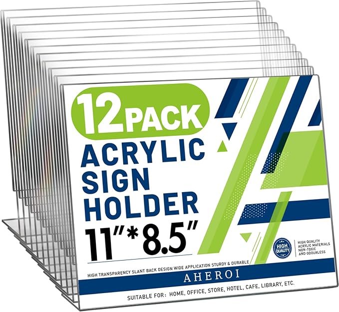 Aheroi 12Pcs Acrylic Sign Holder 8.5 x 11, Horizontal Clear Sign Holders 8.5 x by Aheroi
