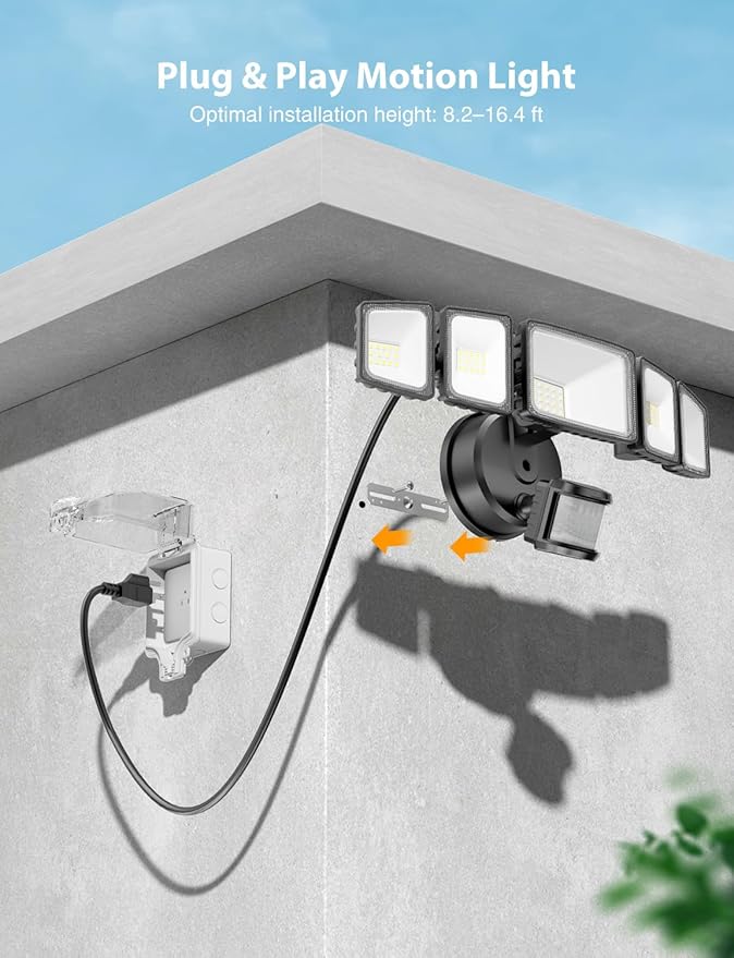 Onforu 5000LM Motion Sensor Outdoor Lights Plug in, 5 Head Motion Sensor Flood - Image 7