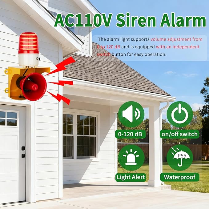 kbaoele AC110V Industrial Siren Alarm Strobe Light-120dB Loud Horn&Waterproof - Image 2