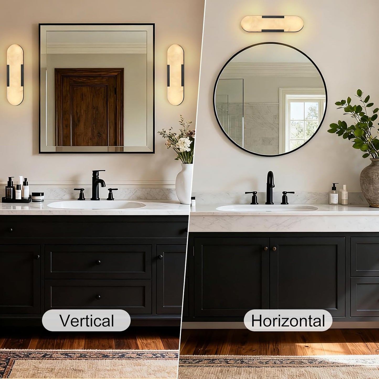 Alabaster Wall Sconces Set of 2, 13.8" Black Natural Marble Wall Sconce, Hardwired Bathroom Vanity Lights, Modern Indoor Wall Lighting for Bedroom, Living Room, Hallway, Stairs, 3000K Warm Light