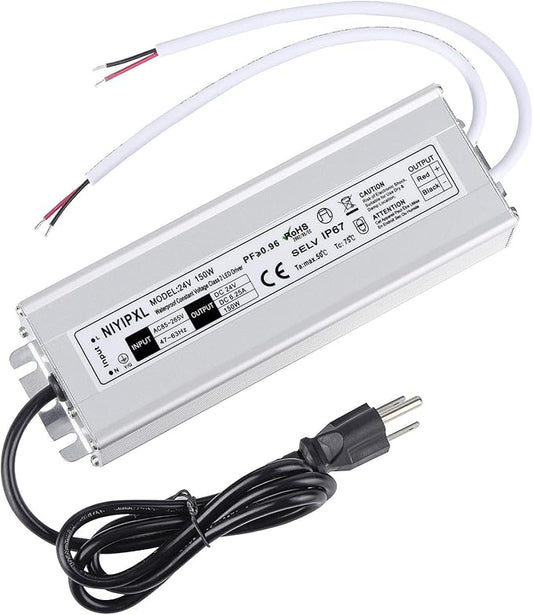 LED Driver 150 Watts 24V DC Low Voltage Transformer， Waterproof IP67 LED Power by NIYIPXL