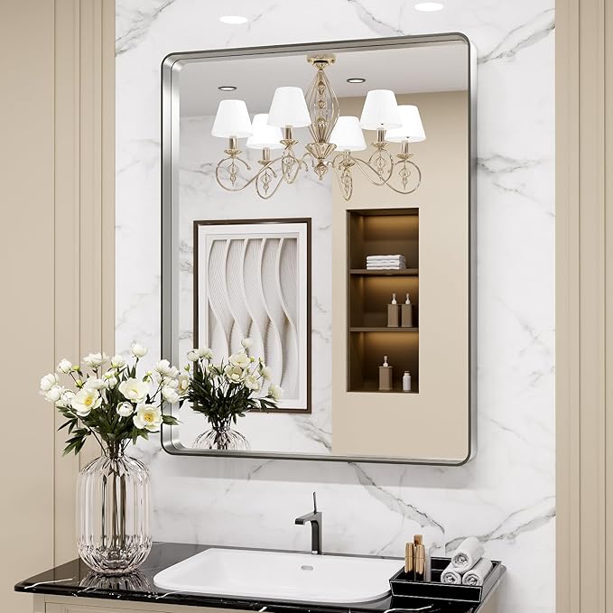 LOAAO 22X30 Inch Brushed Nickel Bathroom Mirror, Rounded Rectangle Silver Metal by LOAAO